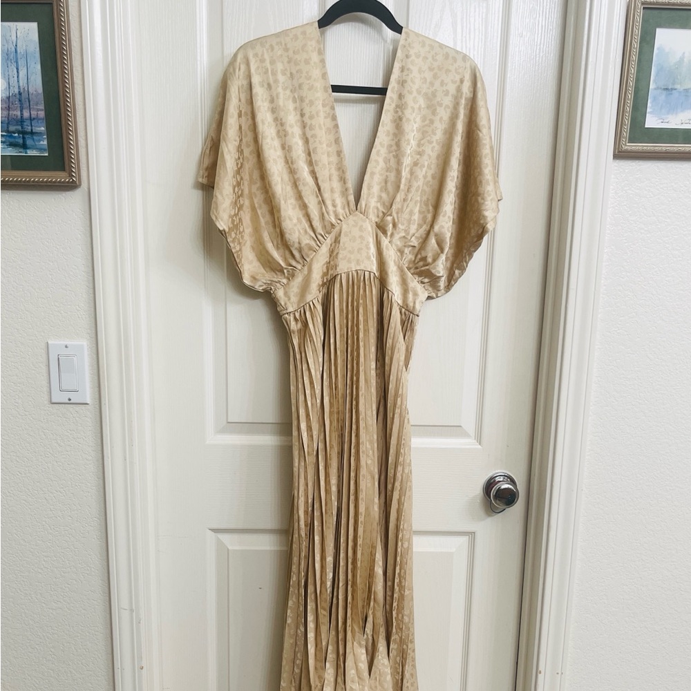Golden Gatherings Pleated Satin Maxi Dress Size Large